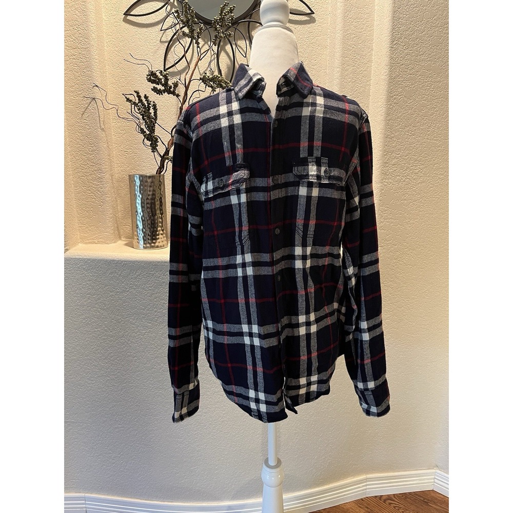 George Flannel Shirt Mens Small Blue Plaid EUC Long Sleeve Button Down Pocket